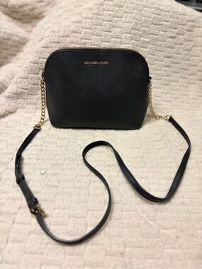 Michael Kors Black Leather Crossbody with Gold Chain Accents